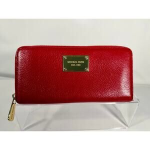 Michael Kors Jet Set Travel Continental Zip Around Wallet Red Pebbled Leather